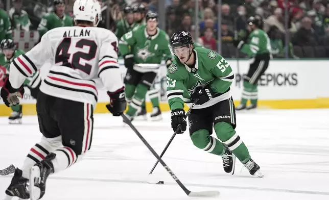 Dallas Stars center Wyatt Johnston (53) works against Chicago Blackhawks defenseman Nolan Allan (42) in the first period of an NHL hockey game in Dallas, Thursday, Nov. 7, 2024. (AP Photo/Tony Gutierrez)