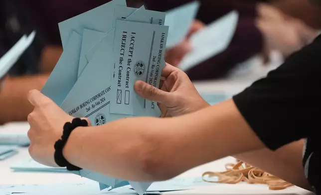 A volunteer sorts votes on a new contract offer from Boeing, Monday, Nov. 4, 2024, at the IAM District 751 Union Hall in Seattle. (AP Photo/Lindsey Wasson)