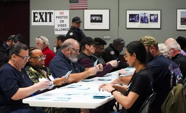 Volunteers tally votes on a new contract offer from Boeing, Monday, Nov. 4, 2024, at the IAM District 751 Union Hall in Seattle. (AP Photo/Lindsey Wasson)