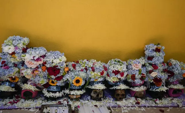 Decorated human skulls lay on the ground at the General Cemetery as part of the annual “Ñatitas” festival, a tradition marking the end of the Catholic holiday of All Saints, in La Paz, Bolivia, Friday, Nov. 8, 2024. (AP Photo/Juan Karita)