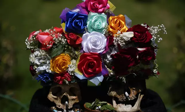 Decorated human skulls sit at the General Cemetery as part of the annual "Ñatitas" festival, a tradition marking the end of the Catholic holiday of All Saints, in La Paz, Bolivia, Friday, Nov. 8, 2024. (AP Photo/Juan Karita)