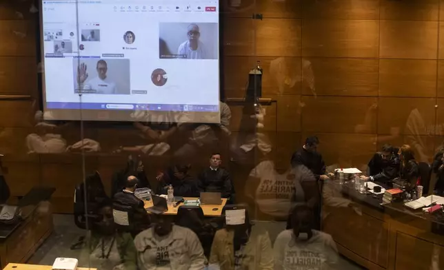 Former military police officers, shown on screen, from left, Ronnie Lessa and Elcio Queiroz attend via video conference their trial where they are accused of murdering city councilwoman Marielle Franco and driver Anderson Gomes, at the Court of Justice in Rio de Janeiro, Wednesday, Oct. 30, 2024. (AP Photo/Bruna Prado)