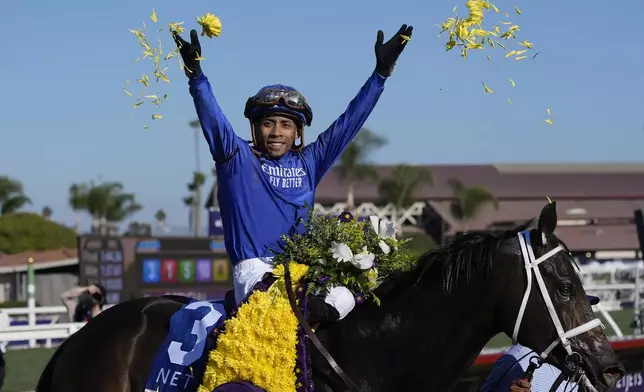 Manuel Franco celebrates after riding Immersive to victory in the Breeders' Cup Juvenile Fillies horse race at Santa Anita Park in Del Mar, Calif., Friday, Nov. 1, 2024. (AP Photo/Gregory Bull)