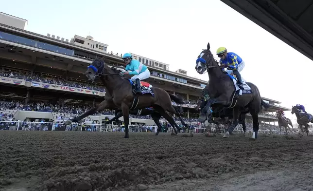 Martin Garcia rides Citizen Bull, left, to victory in the Breeders' Cup Juvenile horse race at Santa Anita Park in Del Mar, Calif., Friday, Nov. 1, 2024. (AP Photo/Gregory Bull)