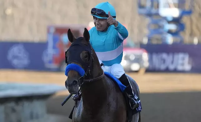 Martin Garcia celebrates after riding Citizen Bull to victory in the Breeders' Cup Juvenile horse race at Santa Anita Park in Del Mar, Calif., Friday, Nov. 1, 2024. (AP Photo/Gregory Bull)