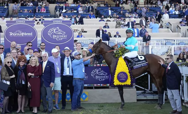 Martin Garcia, middle right, celebrates after riding Citizen Bull to victory in the Breeders' Cup Juvenile horse race at Santa Anita Park in Del Mar, Calif., Friday, Nov. 1, 2024. (AP Photo/Gregory Bull)