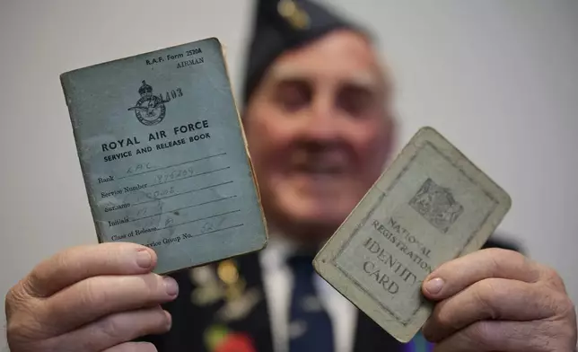 Michael Woods, 100-year-old World War II veteran, shows his Royal Air Force Service And Release Book, during an interview in Dunstable, Bedfordshire, England, Tuesday, Nov. 5, 2024. (AP Photo/Kin Cheung)