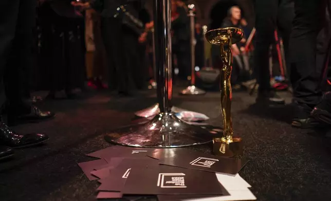 The Booker Prize award prior to the dinner in London, Tuesday, Nov. 12, 2024. (AP Photo/Alberto Pezzali)