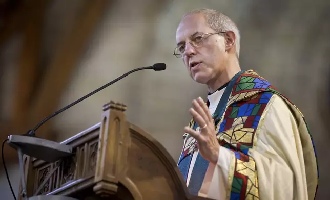 FILE - In this Sunday, Oct. 20, 2013 file photo, the Archbishop of Canterbury Justin Welby conducts a service at the All Saints Cathedral in Nairobi, Kenya.(AP Photo/Ben Curtis, File)