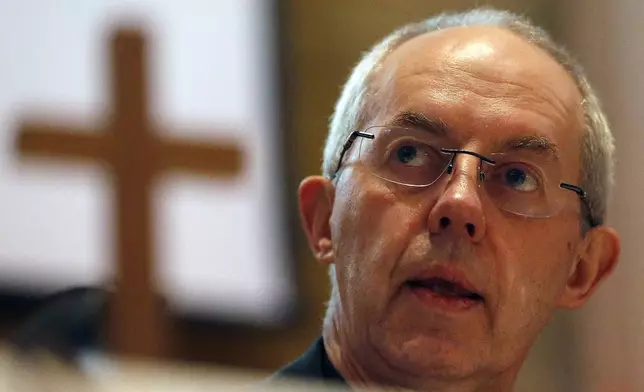 FILE - The Archbishop of Canterbury, Justin Welby, addresses the media during a press conference in Canterbury, England, Friday, Jan. 15, 2016. (AP Photo/Frank Augstein, File)