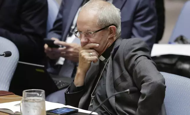 FILE - Archbishop of Canterbury Justin Welby listens to speakers in the United Nations Security Council, Wednesday, Aug. 29, 2018. (AP Photo/Richard Drew File)