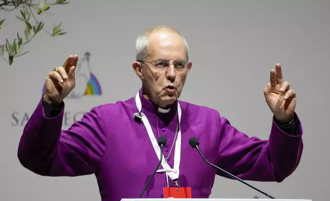 FILE - Archbishop of Canterbury Justin Welby delivers his speech at a interreligious meeting, in Rome on Oct. 6, 2021. (AP Photo/Gregorio Borgia, File)