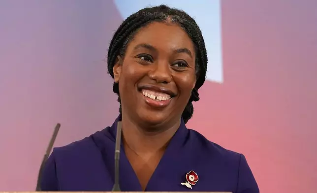 Britain's Member of Parliament Kemi Badenoch, speaks after being elected as the new leader of the opposition Conservative Party, in London, Saturday, Nov. 2, 2024. (AP Photo/Alberto Pezzali)