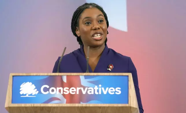 Britain's Member of Parliament Kemi Badenoch speaks after being elected as the new leader of the opposition Conservative Party, in London, Saturday, Nov. 2, 2024. (AP Photo/Alberto Pezzali)