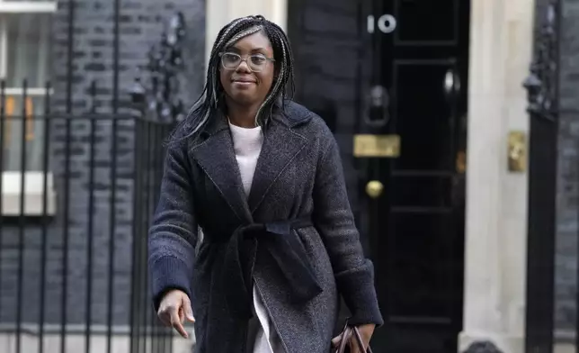 FILE - Kemi Badenoch, Britain's Secretary of State for International Trade and President of the Board of Trade, Minister for Women and Equalities leaves after attending a cabinet meeting in Downing Street in London, on Jan. 17, 2023. (AP Photo/Kirsty Wigglesworth, File)