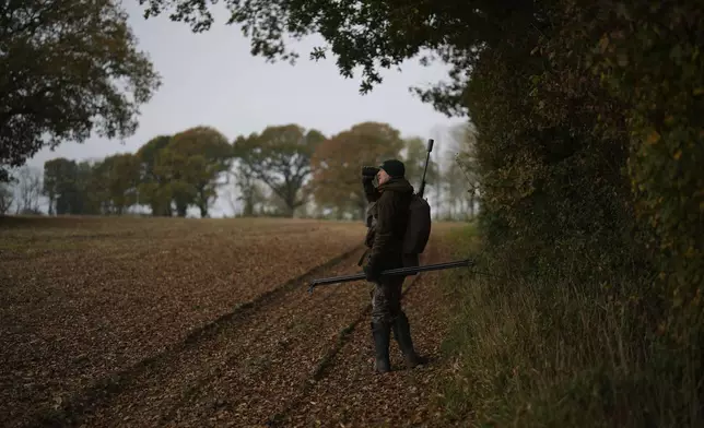 HOLD FOR STORY BY SYLVIA HUI Martin Edwards, Head of Deer and Woodland Management at BASC (The British Association for Shooting and Conservation), looks for a deer in a woods at Tichborne, east of Winchester in Hampshire, England, Monday, Nov. 4, 2024. Wild deer numbers have dramatically multiplied in recent decades and there are now more deer in England than at any other time in the last 1,000 years, according to the Forestry Commission, the government department looking after England's public woodland.(AP Photo/Kin Cheung)