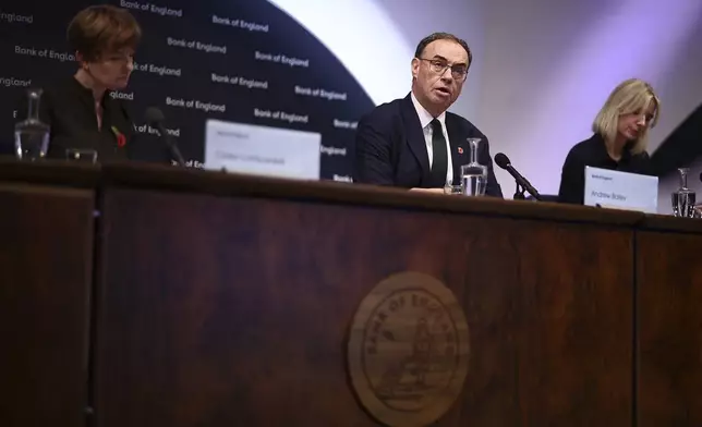 Bank of England Governor Andrew Bailey speaks during the central bank's Monetary Policy Report press conference at the Bank of England, in London, Thursday, Nov. 7, 2024. (Henry Nicholls/Pool Photo via AP)