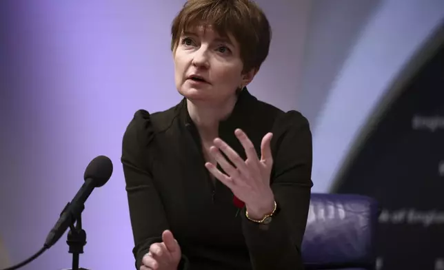 Bank of England Deputy Governor for Monetary Policy Clare Lombardelli gestures, during the central bank's Monetary Policy Report press conference at the Bank of England, in London, Thursday, Nov. 7, 2024. (Henry Nicholls/Pool Photo via AP)