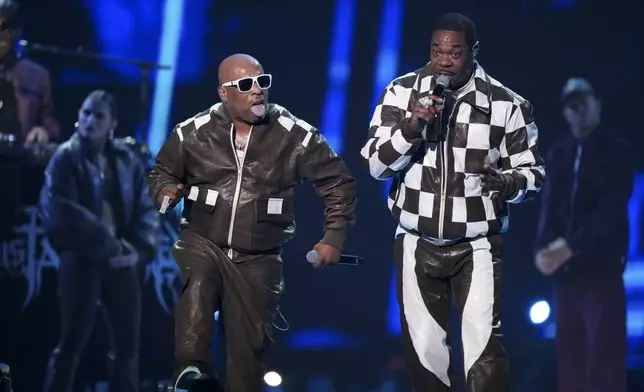 Spliff Star, left, and Busta Rhymes perform during the MTV European Music Awards in Manchester, England, Sunday, Nov. 10, 2024. (Scott A Garfitt/Invision/AP)