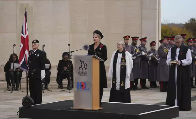 Sophie, Duchess of Edinburgh, speaks during the Remembrance service at National Memorial Arboretum in Alrewas, Staffordshire, England, to mark Armistice Day, Monday Nov. 11, 2024. (Jacob King/PA via AP)