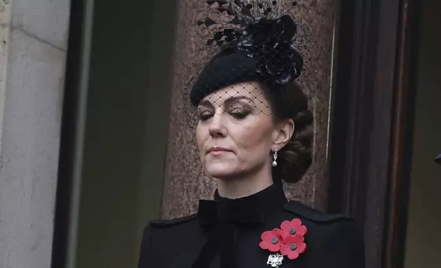 Britain's Kate, Princess of Wales, stands on a balcony during the National Service of Remembrance at The Cenotaph in London, England, Sunday, Nov. 10, 2024. (Photo by Chris Jackson/Pool Photo via AP)