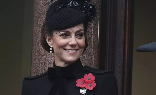 Britain's Kate, Princess of Wales, stands on a balcony during the National Service of Remembrance at The Cenotaph in London, England, Sunday, Nov. 10, 2024. (Photo by Chris Jackson/Pool Photo via AP)