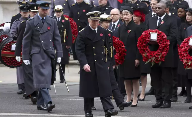 Front from left, Prince William, Prince of Wales, King Charles III and Anne, Princess Royal walk during the National Service of Remembrance at The Cenotaph in London, England, Sunday, Nov. 10, 2024. (Photo by Chris Jackson/Pool Photo via AP)