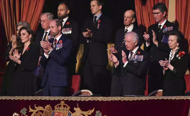 From left, on first row: Britain's Catherine, Princess of Wales, Britain's Prince William, Britain's King Charles and Britain's Princess Anne, Princess Royal, attend the Royal British Legion Festival of Remembrance at the Royal Albert Hall in London, Saturday Nov. 9, 2024. (Chris J. Ratcliffe/Pool Photo via AP)