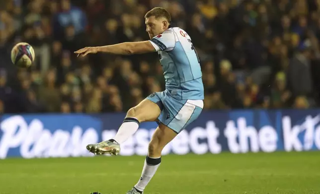 Scotland's Finn Russell kicks a penalty goal during the Autumn Nations series rugby union match between Scotland and South Africa in Edinburgh, Scotland, Sunday, Nov. 10, 2024. (AP Photo/Scott Heppell)