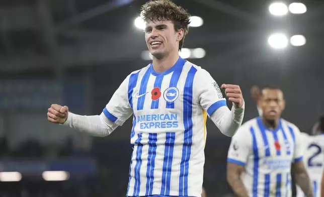 Brighton's Matt O'Riley reacts after scoring during the English Premier League soccer match between Brighton and Manchester City at Falmer Stadium in Brighton, England, Saturday, Nov. 9, 2024. (AP Photo/Alastair Grant)