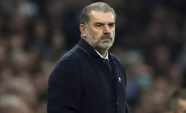 Tottenham Hotspur manager Ange Postecoglou looks on during the Premier League match between Tottenham and Ipswich at Tottenham Hotspur stadium, London, Sunday Nov. 10, 2024. (Steven Paston/PA via AP)