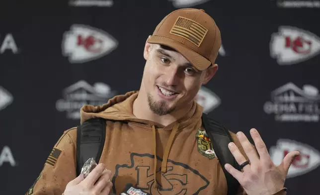 Kansas City Chiefs linebacker Leo Chenal speaks during a news conference following an NFL football game against the Denver Broncos Sunday, Nov. 10, 2024, in Kansas City, Mo. The Chiefs won 16-14. (AP Photo/Charlie Riedel)