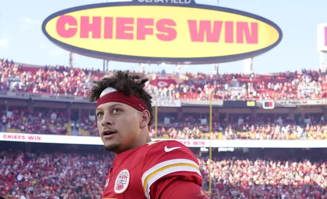 Kansas City Chiefs quarterback Patrick Mahomes pauses following an NFL football game against the Denver Broncos Sunday, Nov. 10, 2024, in Kansas City, Mo. The Chiefs won 16-14. (AP Photo/Ed Zurga)