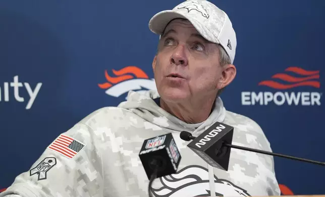 Denver Broncos head coach Sean Payton speaks during a news conference following an NFL football game against the Kansas City Chiefs Sunday, Nov. 10, 2024, in Kansas City, Mo. The Chiefs won 16-14. (AP Photo/Ed Zurga)