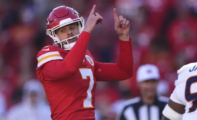 Kansas City Chiefs kicker Harrison Butker celebrates after making a 28-yard field goal during the second half of an NFL football game against the Denver Broncos Sunday, Nov. 10, 2024, in Kansas City, Mo. (AP Photo/Charlie Riedel)