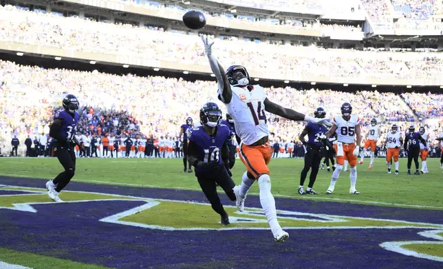 Denver Broncos wide receiver Courtland Sutton (14) misses a pass in the end zone as Baltimore Ravens cornerback Arthur Maulet (10) covers late in the second half of an NFL football game Sunday, Nov. 3, 2024, in Baltimore. (AP Photo/Nick Wass)