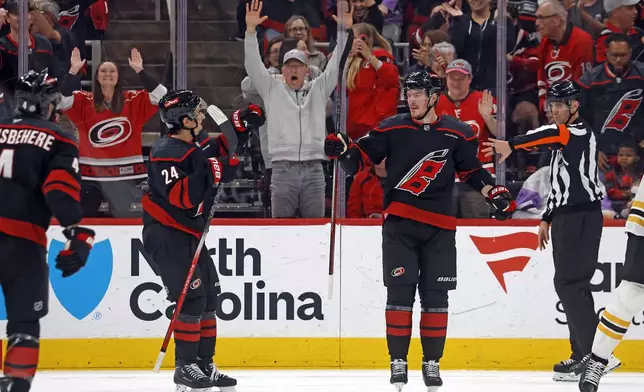 Carolina Hurricanes' Andrei Svechnikov (37) celebrates his goal with Seth Jarvis (24) during the first period of an NHL hockey game against the Boston Bruins in Raleigh, N.C., Thursday, Oct. 31, 2024. (AP Photo/Karl B DeBlaker)