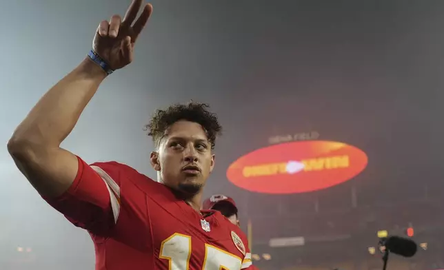 Kansas City Chiefs quarterback Patrick Mahomes (15) walks off the field after a win against the Tampa Bay Buccaneers in overtime of an NFL football game, Monday, Nov. 4, 2024, in Kansas City, Mo. (AP Photo/Charlie Riedel)