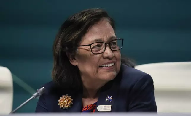 Marshall Islands President Hilda Heine attends a session with the Marshall Islands High Ambition Coalition at the COP29 U.N. Climate Summit, Wednesday, Nov. 13, 2024, in Baku, Azerbaijan. (AP Photo/Rafiq Maqbool)