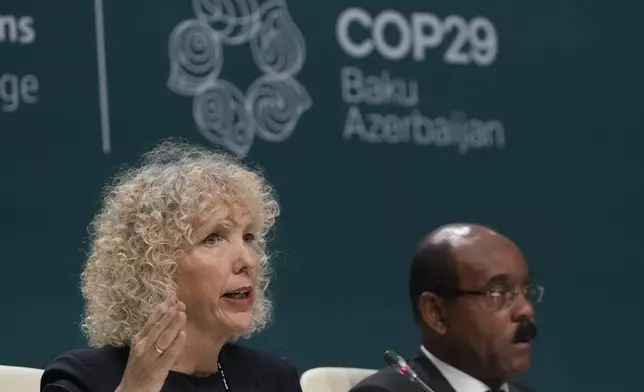 Jennifer Morgan, Germany climate envoy, attends a session with the Marshall Islands High Ambition Coalition at the COP29 U.N. Climate Summit, Wednesday, Nov. 13, 2024, in Baku, Azerbaijan. (AP Photo/Rafiq Maqbool)