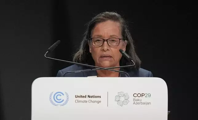 Marshall Islands President Hilda Heine speaks during a plenary session at the COP29 U.N. Climate Summit, Tuesday, Nov. 12, 2024, in Baku, Azerbaijan. (AP Photo/Rafiq Maqbool)