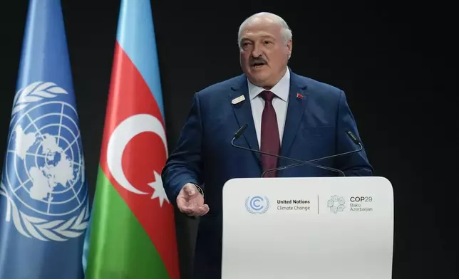 Belarus President Aleksandr Lukashenko speaks during a plenary session at the COP29 U.N. Climate Summit, Tuesday, Nov. 12, 2024, in Baku, Azerbaijan. (AP Photo/Rafiq Maqbool)