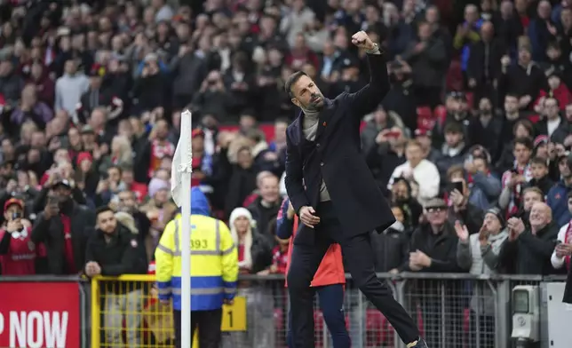 Manchester United's head coach Ruud van Nistelrooij gestures prior to the start of the English Premier League soccer match between Manchester United and Leicester City, at the Old Trafford stadium in Manchester, England, Sunday, Nov.10, 2024. (AP Photo/Jon Super)