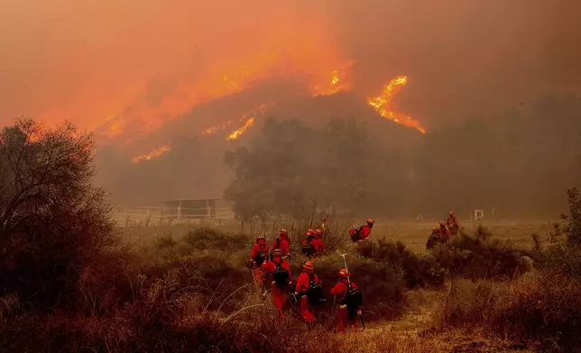 Inmate firefighters battle the Mountain Fire at Swanhill Farms in Moorpark, Calif., on Thursday, Nov. 7, 2024. (AP Photo/Noah Berger)