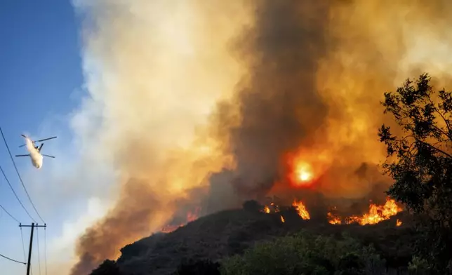 A helicopter drops water as the Mountain Fire burns along South Mountain Rd. on Thursday, Nov. 7, 2024, in Santa Paula, Calif. (AP Photo/Noah Berger)