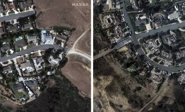 This combo of two satellite images released by Maxar Technologies shows houses before and after being fire-ravaged in Camarillo, Calif., Thursday Nov. 7, 2024. (Satellite image ©2024 Maxar Technologies via AP)