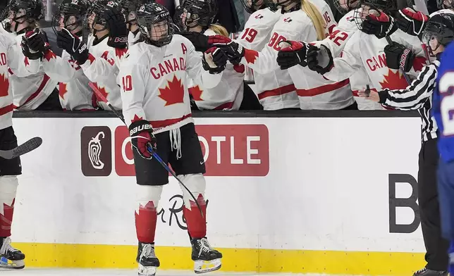 Canada forward Blayre Turnbull (40) is congratulated by teammates after scoring a goal against the United States during the second period of a women's Rivalry Series hockey game in San Jose, Calif., Wednesday, Nov. 6, 2024. (AP Photo/Tony Avelar)