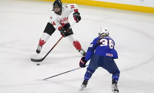 Canada defenseman Renata Fast (14) skates with the puck against U.S. forward Gabbie Hughes (36) during the first period of a women's Rivalry Series hockey game in San Jose, Calif., Wednesday, Nov. 6, 2024. (AP Photo/Tony Avelar)