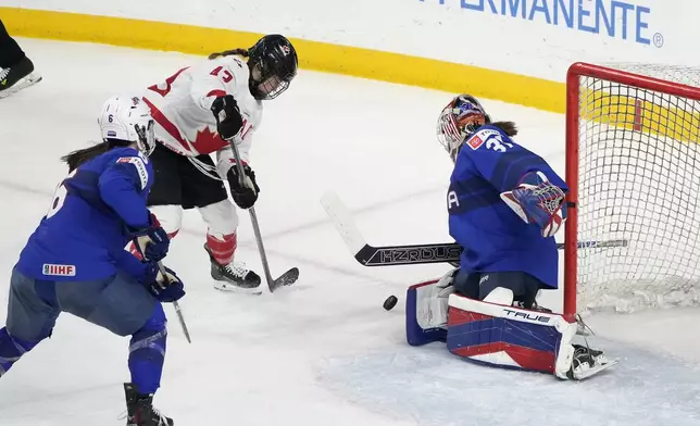 U.S. goaltender Aerin Frankel (31) blocks a shot by Canada forward Kristin O'Neill (43) during the first period of a women's Rivalry Series hockey game in San Jose, Calif., Wednesday, Nov. 6, 2024. (AP Photo/Tony Avelar)