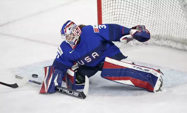 U.S. goaltender Aerin Frankel (31) blocks a shot against Canada during the first period of a women's Rivalry Series hockey game in San Jose, Calif., Wednesday, Nov. 6, 2024. (AP Photo/Tony Avelar)